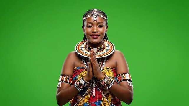 African Woman Gesturing on Isolated Green Screen Background African Woman Smiles and Speaks Wearing Colorful Traditional Clothing