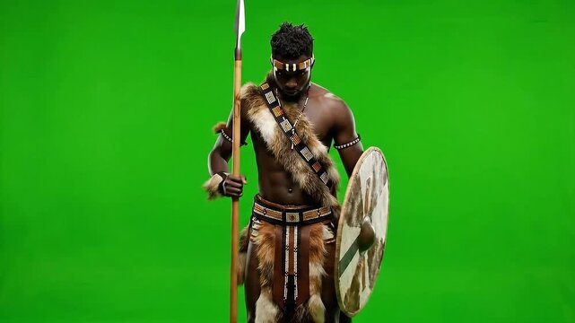 African Warrior with Spear and Shield Posing on Isolated Green Screen in Traditional Attire with Brown Fur Elements and Tribal
