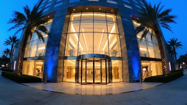 Modern hotel entrance with revolving doors and palm trees at dusk