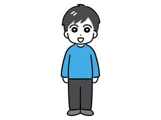 笑顔で正面を向いて立っている全身姿の私服の若い男性
