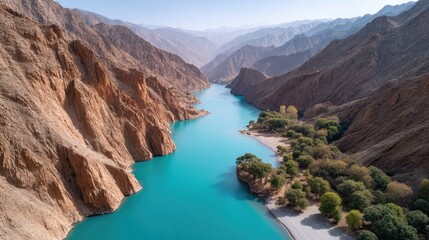 Drone View Of A Vivid Turquoise River Winding Through Rugged Brown Mountain Canyons Under A Clear Blue Sky With Lush Green Trees On The Riverbank