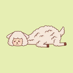 Adorable cartoon illustration of a sad fluffy sheep lying down on the floor, expressing tired or depressed emotion. Perfect for children’s books, animal mascot design, or sticker art.