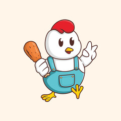 Fun and adorable cartoon character of a baby chicken wearing blue overalls and holding a fried chicken drumstick, showing a peace sign.