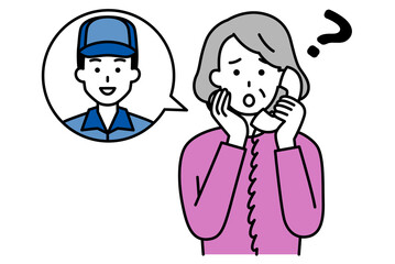配達員に電話で相談する年配の女性