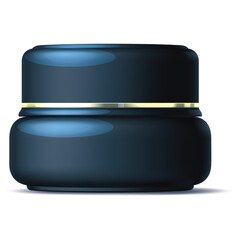 Dark Blue Cosmetic Jar with Gold Stripe and Transparent Background Illuminated by Soft Light