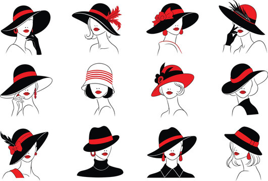 Collection of elegant vintage fashion illustrations featuring women wearing stylish hats and fashionable attire