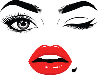 Striking illustration of a woman s open eye and winking eye with bold red lips and defined eyebrows and eyelashes