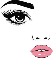 Close up black and white sketch of a woman s eye with long lashes and a pink glossy kissable mouth