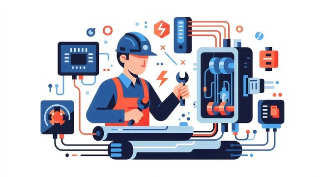 Skilled technician meticulously working on complex electrical system with tools and blueprints