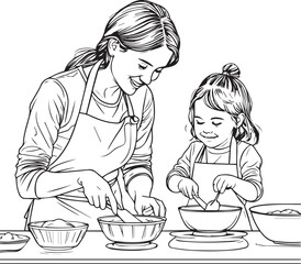 Happy mom and child mixing ingredients for delicious baked treats