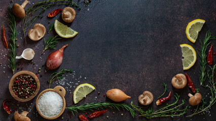 Top down view of various ingredients for cooking to add flavour with copy space.