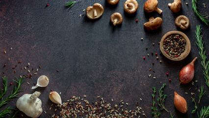 Raw ingredients in a border with copy space.