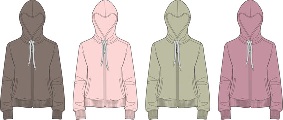 Collection of four zipped hoodies in various pastel colors, presented in a flat vector illustration style © Khaled