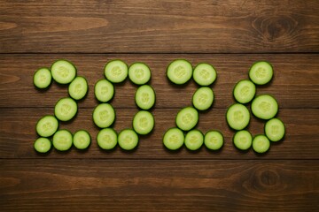 Healthy New Year 2026 represented by fresh cucumber slices on a wooden background