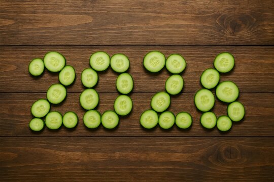 Healthy New Year 2026 represented by fresh cucumber slices on a wooden background