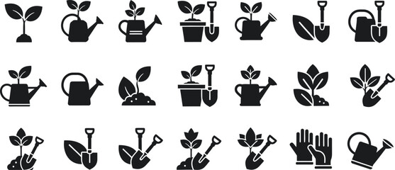 Collection of gardening icons featuring plants watering cans shovels and gloves isolated on transparent background