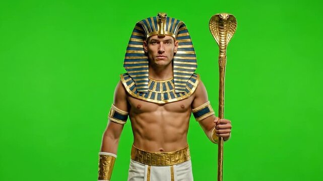 Man in Ancient Egyptian Costume with Gold Staff on Green Screen Background Holding a Cobra Staff and Wearing Nemes Headdress with