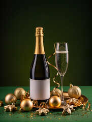 Champagne bottle and glass celebrating new year's eve