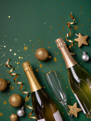 Champagne celebration with festive gold confetti and ornaments
