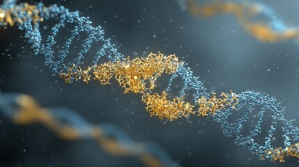 Genetic engineering theme, simply showing the process of CRISPR-Cas9 protein cutting DNA strands, DNA strands in blue, Cas9 protein in gold, with text labels