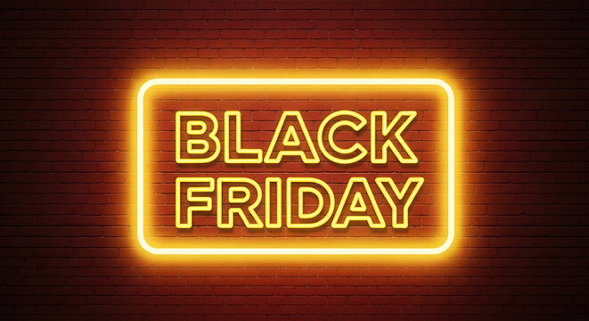 Black Friday, a bright neon sign on a red brick wall, illuminating the message of great sales and discounts, ideal for retail promotions and digital marketing content.