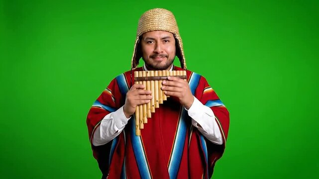 Man in Traditional Andean Clothing Plays Pan Flute on Isolated Green Screen Background with Bright Lighting Wearing Woven Hat and