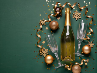 Champagne bottle with flutes and christmas decorations on green