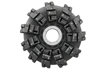 Top-down view of an industrial face mill cutting tool with inserts isolated on a transparent background