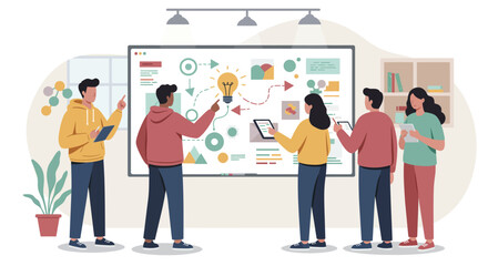 Obraz premium Team Brainstorming Ideas Around a Whiteboard Illustration.