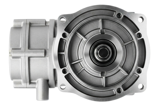Close-up of a shiny metal industrial gearbox isolated on a transparent background