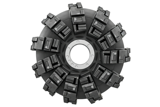 Top-down view of an industrial face mill cutting tool with inserts isolated on a transparent background