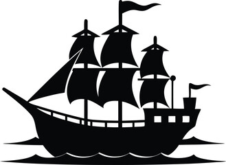Pirate Ship Skull Flag Icon Vector, Silhouette of a pirate ship with sails and a skull and crossbones on the hull sailing vector illustration.