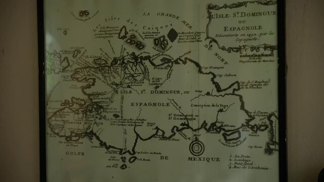 Historic map of Hispaniola, showing Haiti and Dominican Republic. Close-up