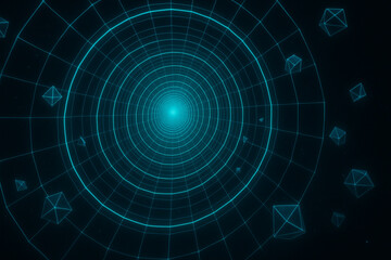 Futuristic Digital Tunnel with Glowing Cyan Grids and Floating Geometric Shapes – Sci-Fi Cyberpunk Virtual Reality Background