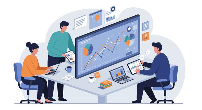 Team Analyzing Data on Large Screen and Devices. - Powered by Adobe