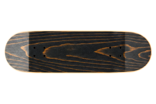 Top view of a blank wooden skateboard deck with a dark finish isolated on a transparent background
