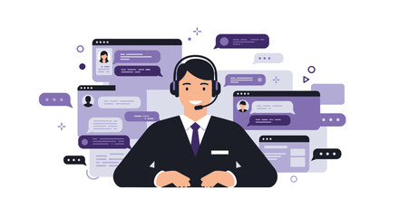 Smiling Customer Service Representative with Headset and Chat Bubbles.