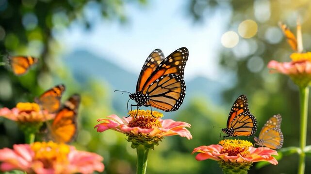 Beautiful 4K Video of Monarch Butterflies on Zinnia Flowers in a Sunlit Garden