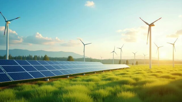 A vibrant representation of renewable energy trends showcases solar panels and wind turbines in a picturesque landscape, using negative space skillfully to enhance the visual storytelling. - Powered by Adobe