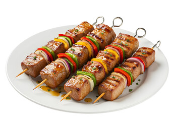 Four Grilled Meat and Vegetable Skewers with Colorful Vegetables on a Plate kebabs pork isolated on a transparent background