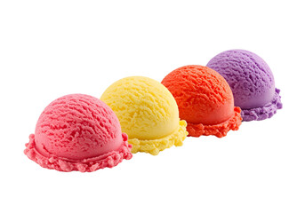 Four Scoops of Ice Cream in Pink Yellow Orange and Purple dessert frozen isolated on a transparent background