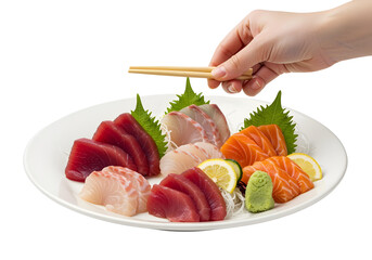 Hand Holding Chopsticks Over Plate of Assorted Sashimi and Wasabi image graphic isolated on a transparent background