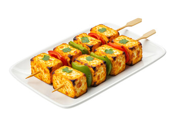 Grilled Paneer Tikka Skewers with Bell Peppers and Cilantro on White Plate indian food kebab isolated on a transparent background