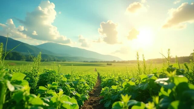 A contemporary scene depicting future trends in agriculture, emphasizing sustainable practices with lush landscapes and room for marketing messages or brand logos.