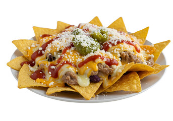 Loaded Nachos with Cheese Beans and Guacamole on a White Plate image graphic isolated on a transparent background