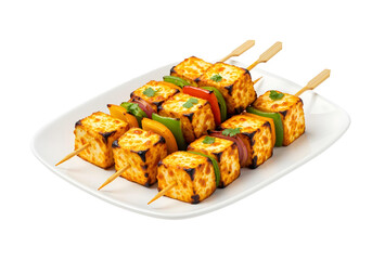 Paneer Tikka Skewers with Bell Peppers and Onions on White Plate indian food kebab isolated on a transparent background