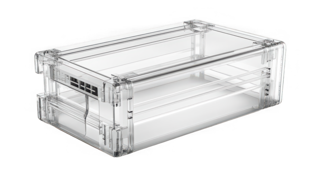 A clear acrylic storage box with a lid and a drawer on a black background in a studio setting