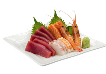 Plate of Tuna Salmon and Shrimp Sashimi with Wasabi and Garnish image isolated on a transparent background