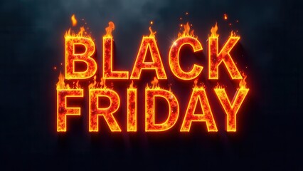 BLACK FRIDAY text glowing with intense fire and sparks, emphasizing hot deals, huge sales, promotions, and discounts against a dramatic dark backdrop, symbolizing urgent consumer shopping