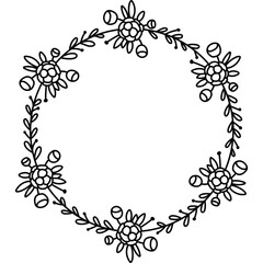 Decorative Black And White Floral Wreath With Berries And Leaves On Transparent Background Hand Drawn Style